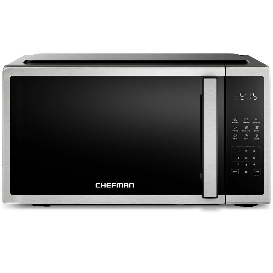 Chefman compact microwave front view showing space-saving footprint for small kitchens