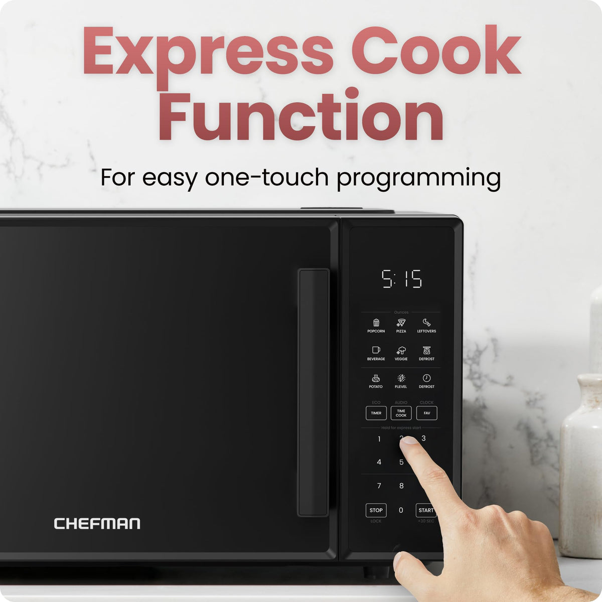 Chefman microwave Eco Mode indicator in black finish for energy savings