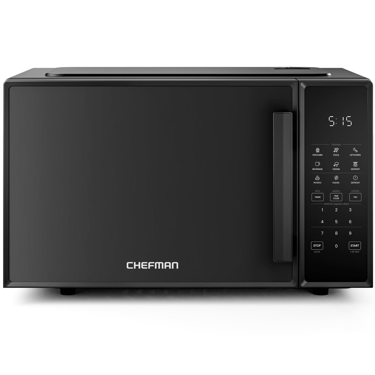 Chefman microwave front view in black showing compact design and digital controls