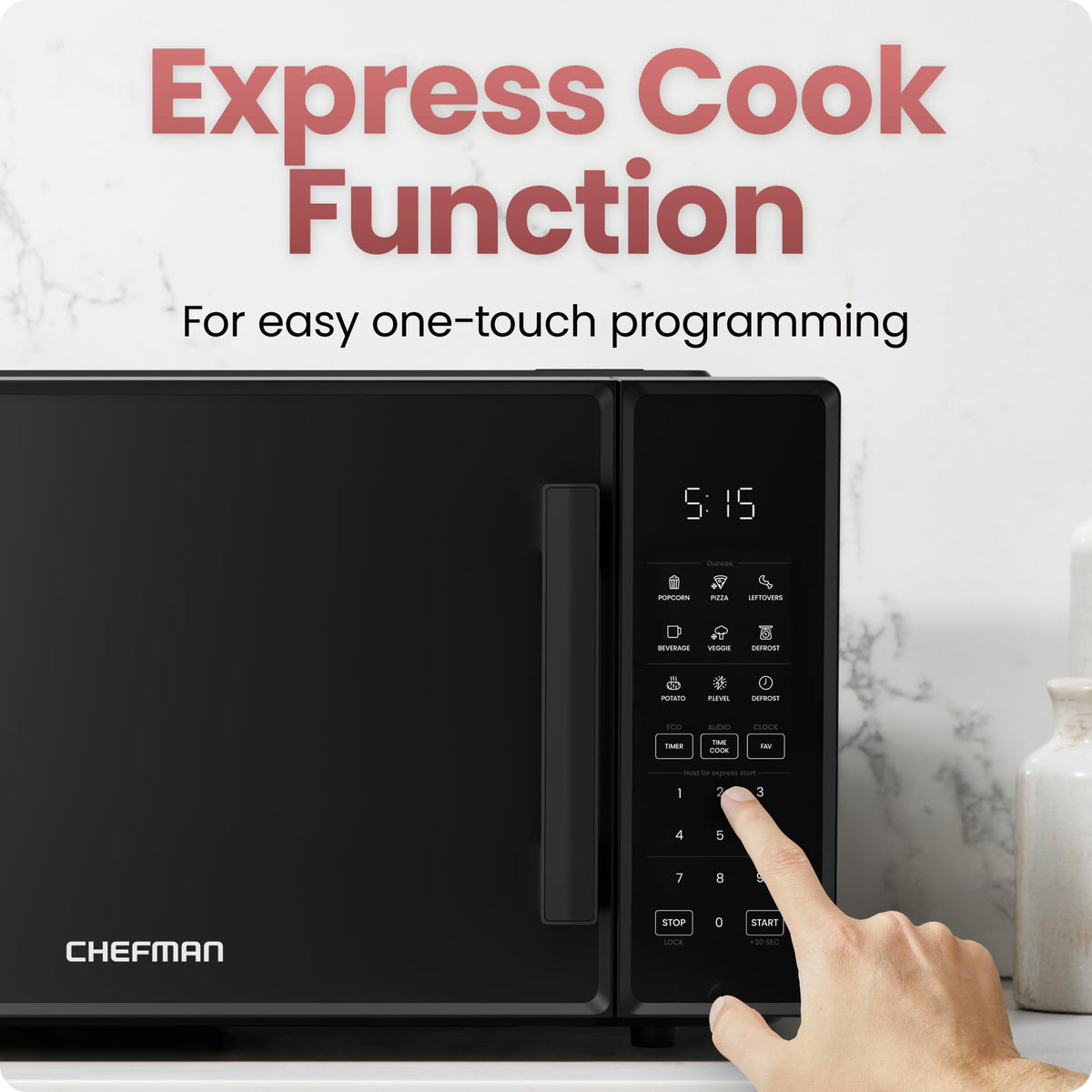 Chefman microwave mute button reduces beeping for quiet cooking.