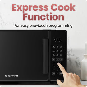 Chefman microwave mute button reduces beeping for quiet cooking.