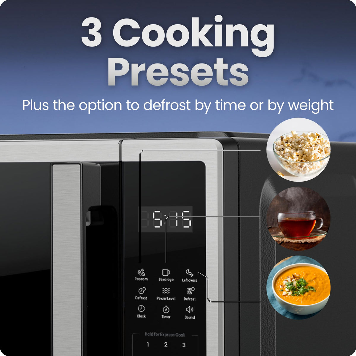 Chefman preset panel showing popcorn, beverages, leftovers options for quick meals