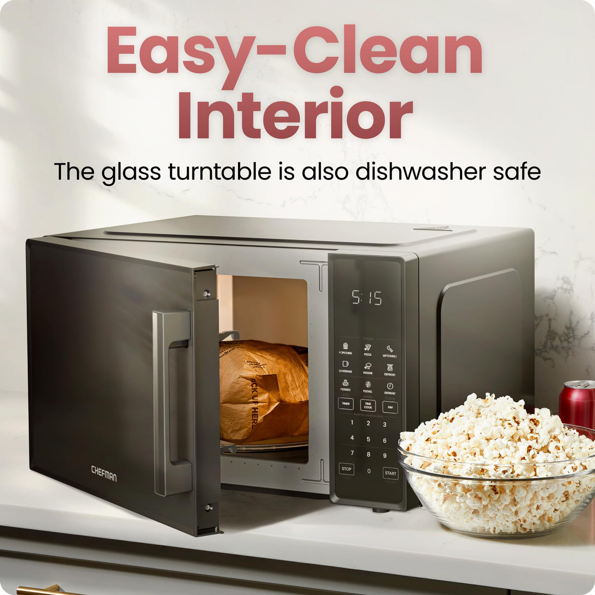 Chefman microwave six presets provide quick options for popcorn, pizza, beverages, and more.