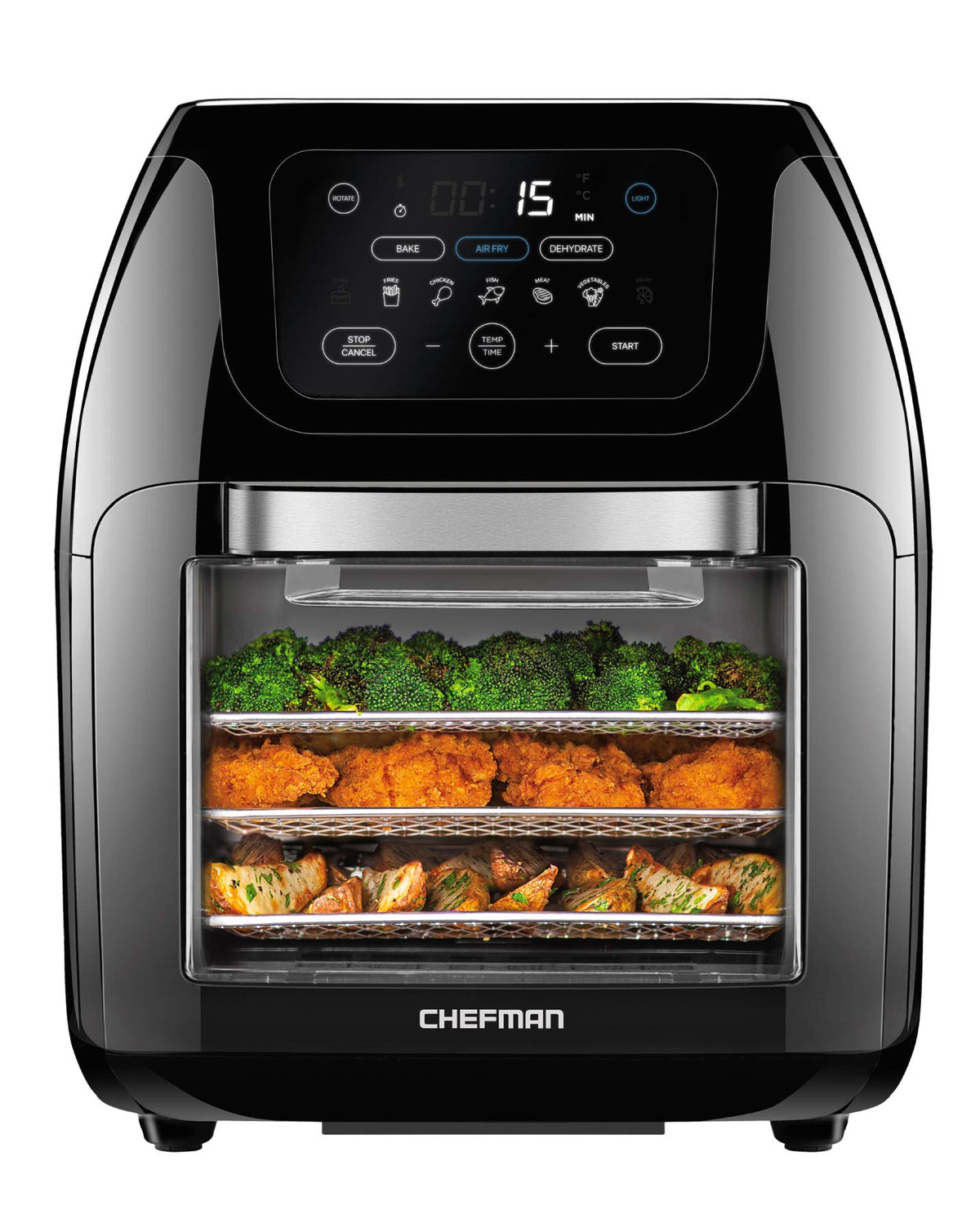 Chefman multifunctional air fryer front view with compact controls for easy everyday meals.