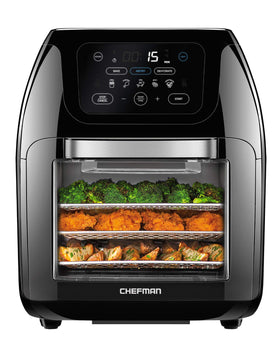 Chefman multifunctional air fryer front view with compact controls for easy everyday meals.
