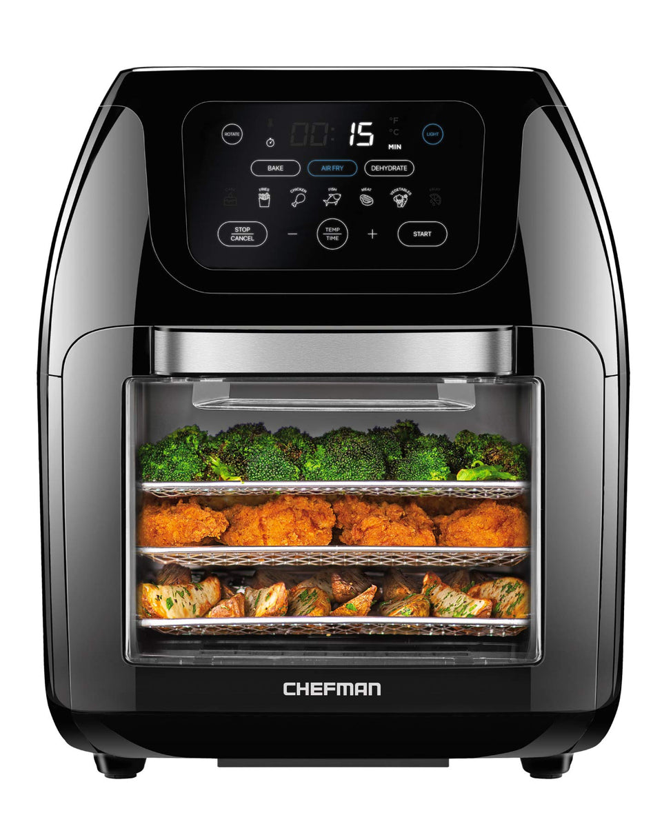 Chefman multifunctional air fryer front view with compact controls for easy everyday meals.