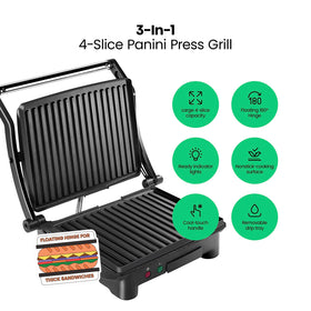 Chefman Panini Press 180-degree open enables flat grilling for burgers and fish.