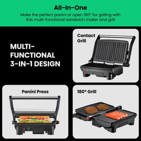 Chefman panini press closed cooking surface for even toasting of two sandwiches.