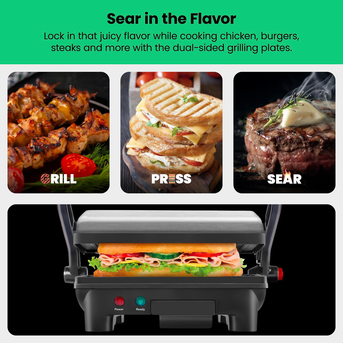 Chefman panini press lay-flat surface ideal for burgers and larger dishes.