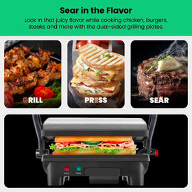 Chefman panini press lay-flat surface ideal for burgers and larger dishes.