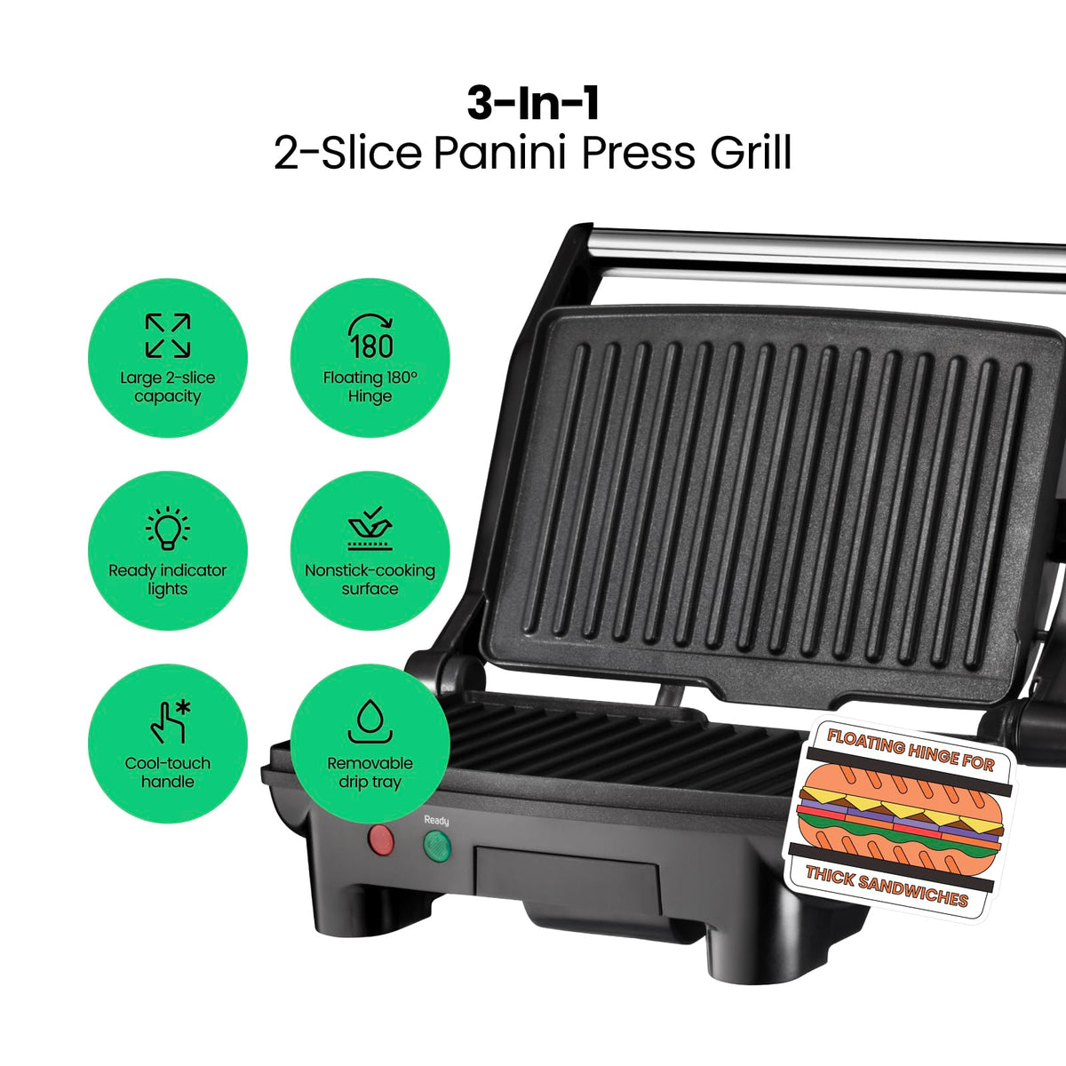 Chefman panini press open at 180 degrees for versatile grilling.