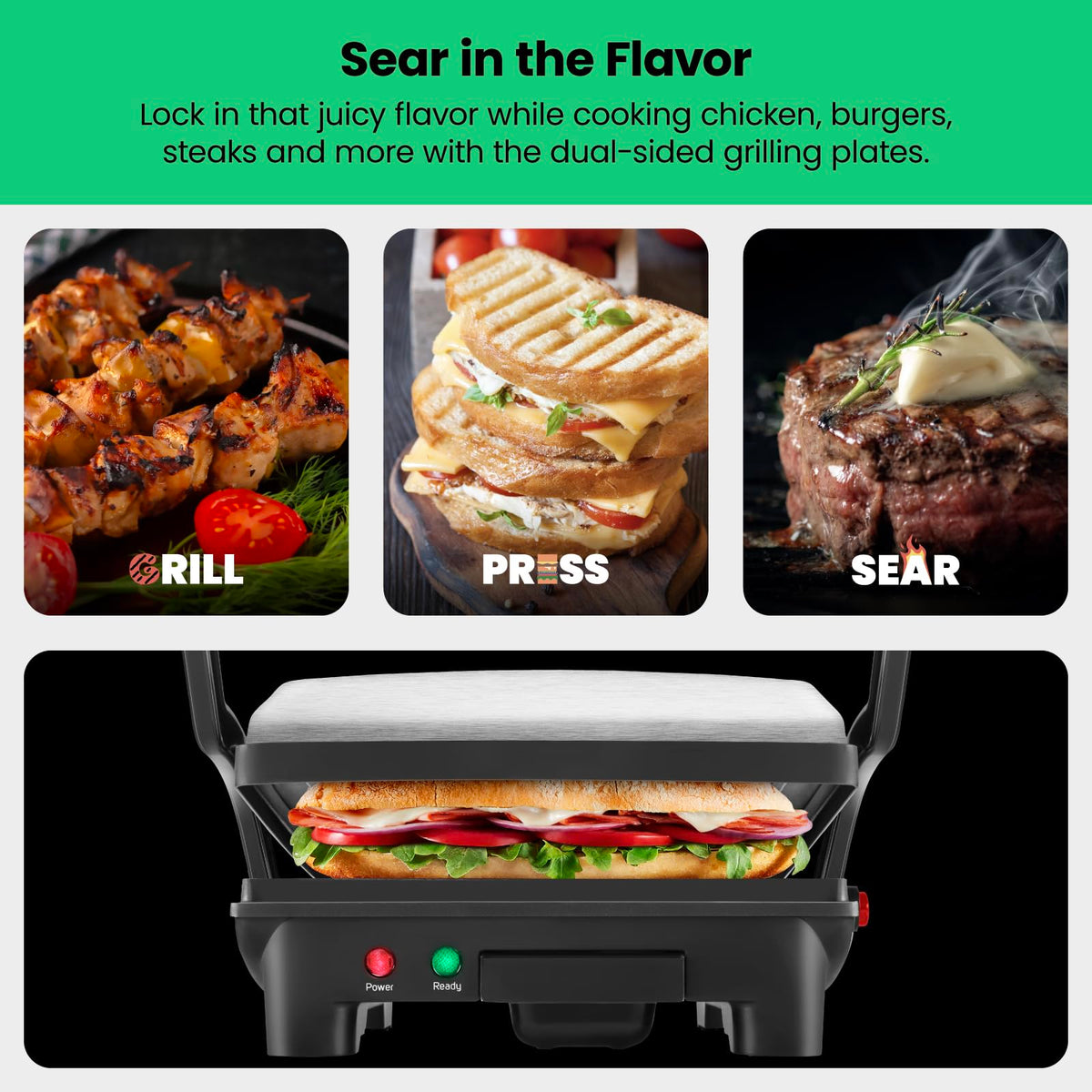 Chefman Panini Press removable drip tray catches grease for quick cleanup.