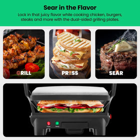 Chefman Panini Press removable drip tray catches grease for quick cleanup.