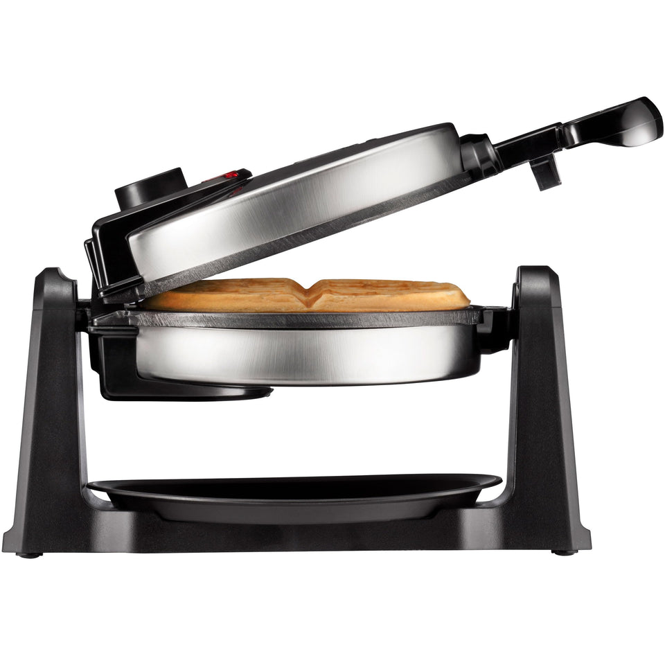 Chefman rotating waffle maker in action with 180-degree flip for even cooking.