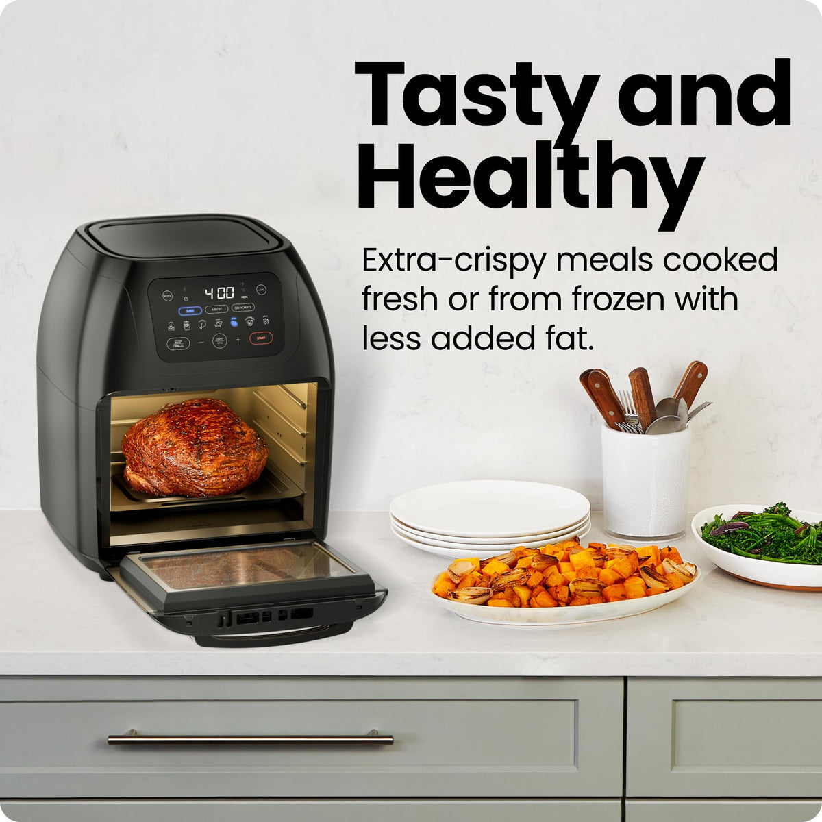 Chefman rotisserie spit with retrieval tool enabling crispy results.