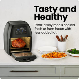 Chefman rotisserie spit with retrieval tool enabling crispy results.