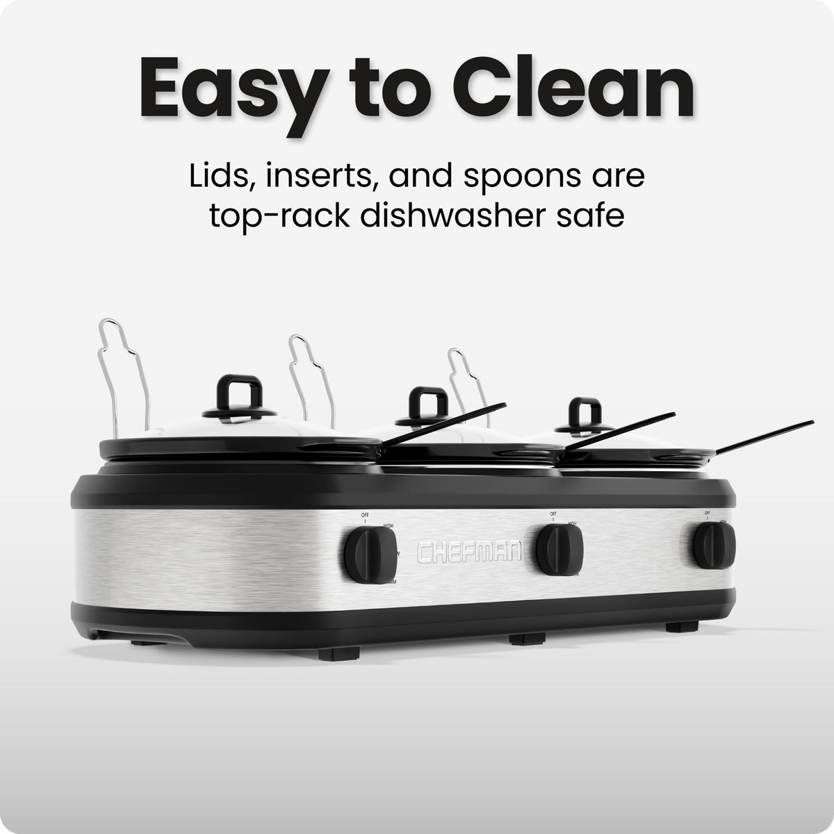 Chefman triple slow cooker buffet design with upright lids and integrated serving spoons.