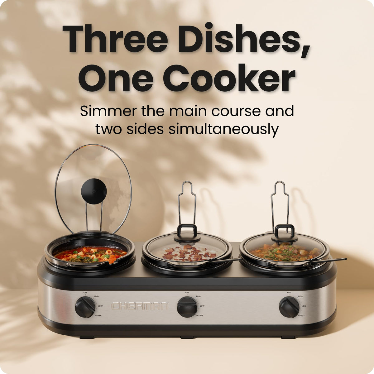 Chefman triple slow cooker ceramic pots 2.5qt each for versatile family meals.