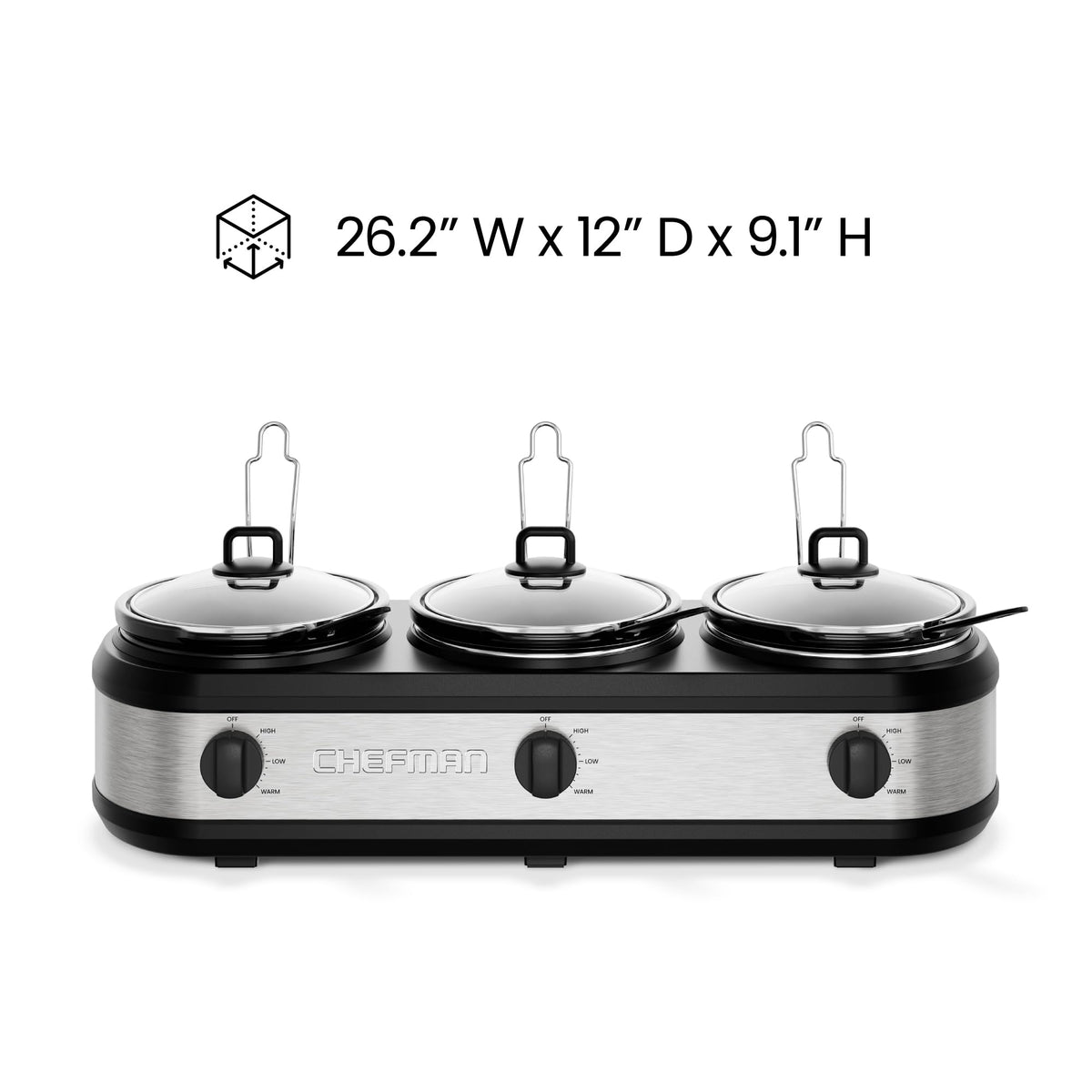 Chefman triple slow cooker dishwasher-safe parts for easy cleanup after meals.