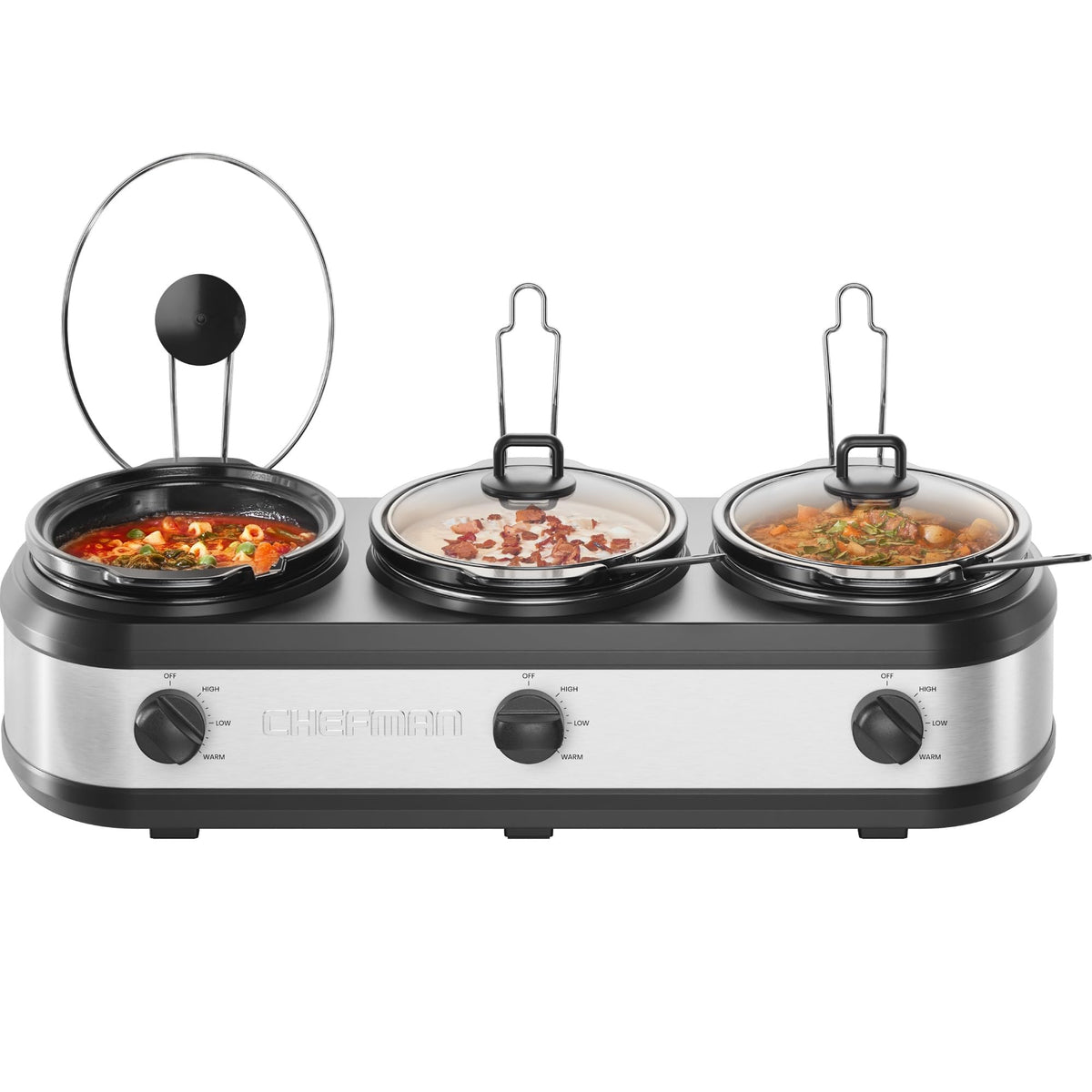 Chefman triple slow cooker stainless steel base for durable, easy-clean kitchen convenience.