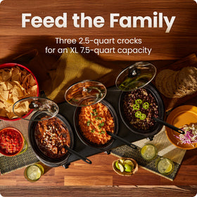 Chefman triple slow cooker tempered glass lids keep heat in and watch progress.
