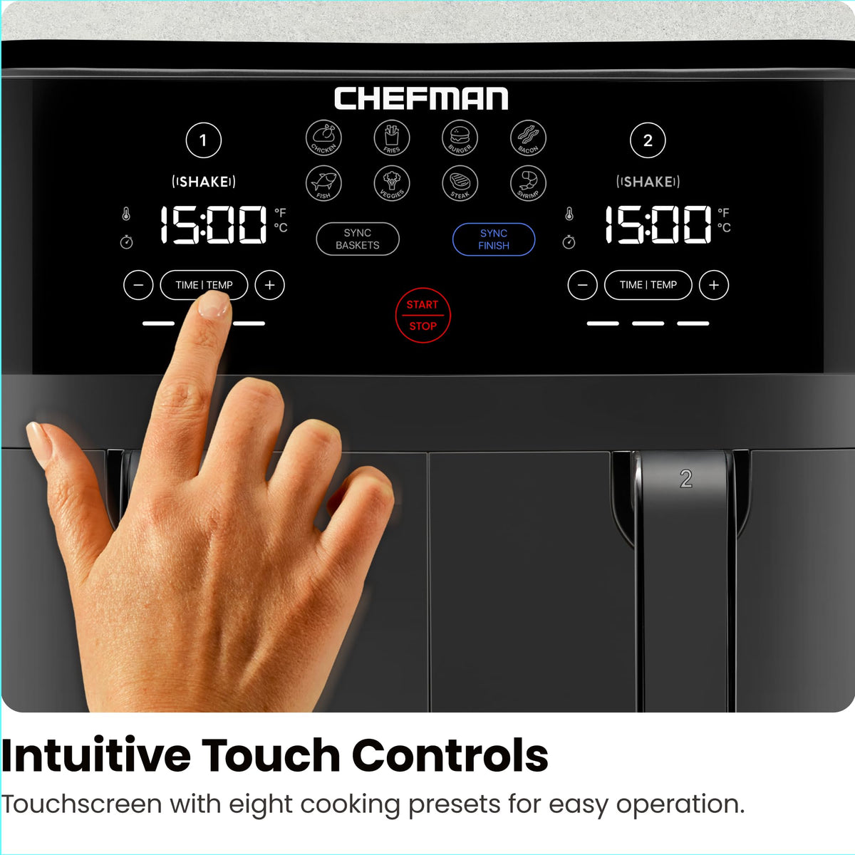 Digital controls panel on Chefman TurboFry offers eight presets for simple, precise cooking.