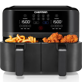 Chefman TurboFry Touch Dual Air Fryer front view with stylish matte black finish for modern kitchens.