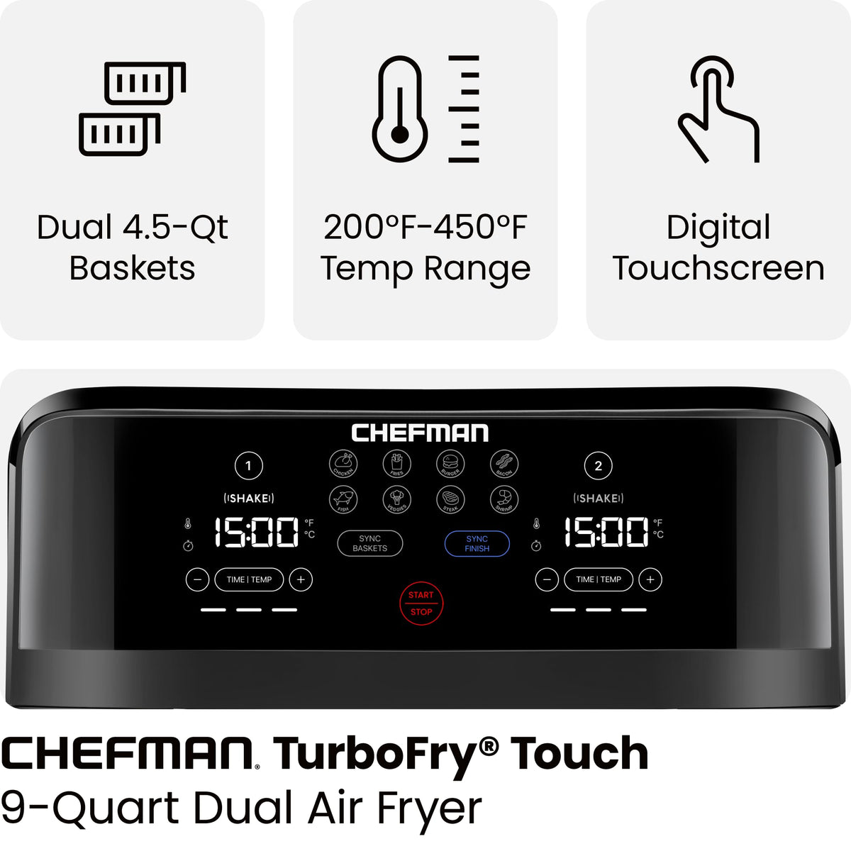 Sync Finish feature on Chefman TurboFry aligns two dishes to finish together for easy weeknight dinners.