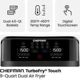 Sync Finish feature on Chefman TurboFry aligns two dishes to finish together for easy weeknight dinners.