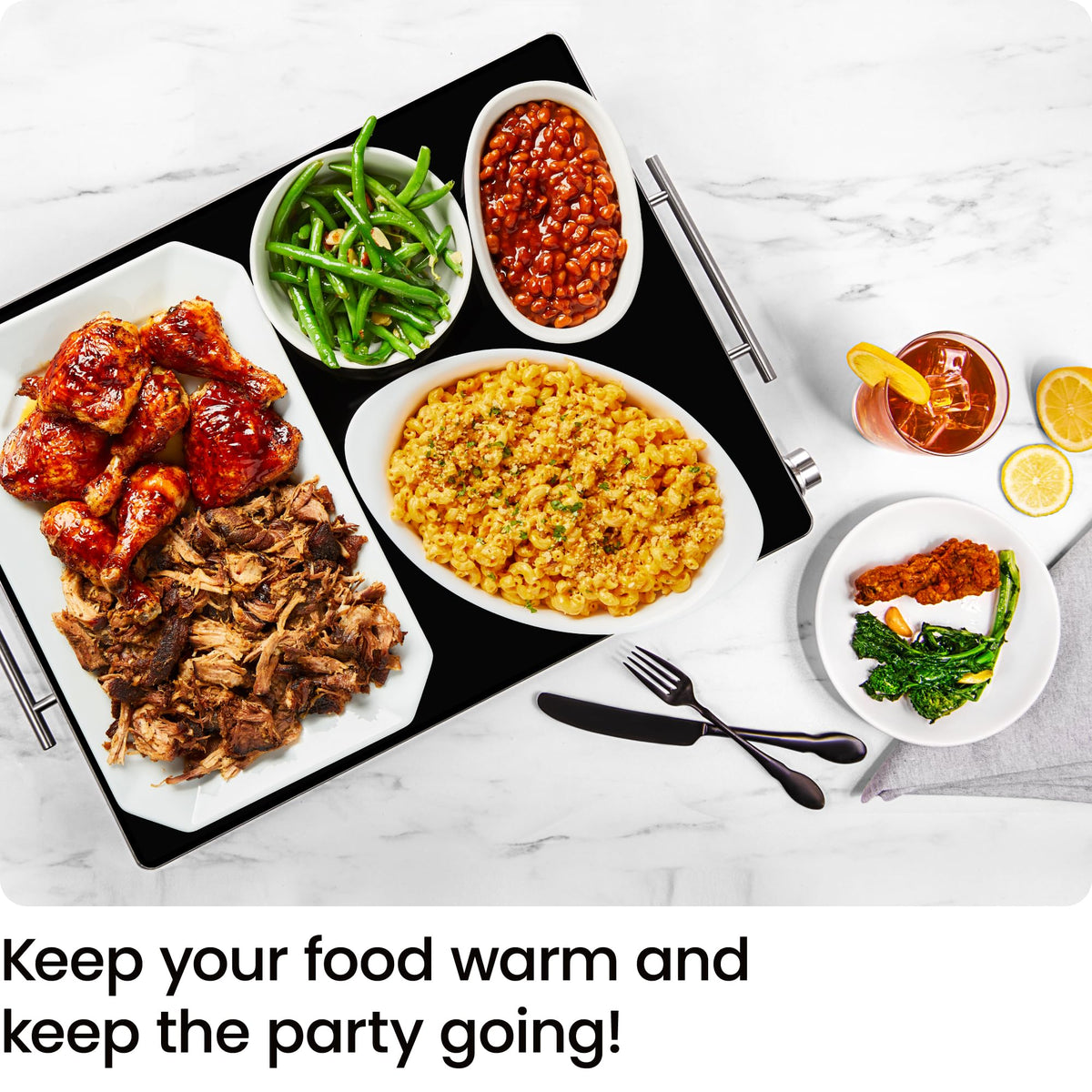 Chefman warming tray with adjustable temperature keeps dishes warm.