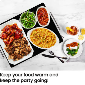 Chefman warming tray with adjustable temperature keeps dishes warm.