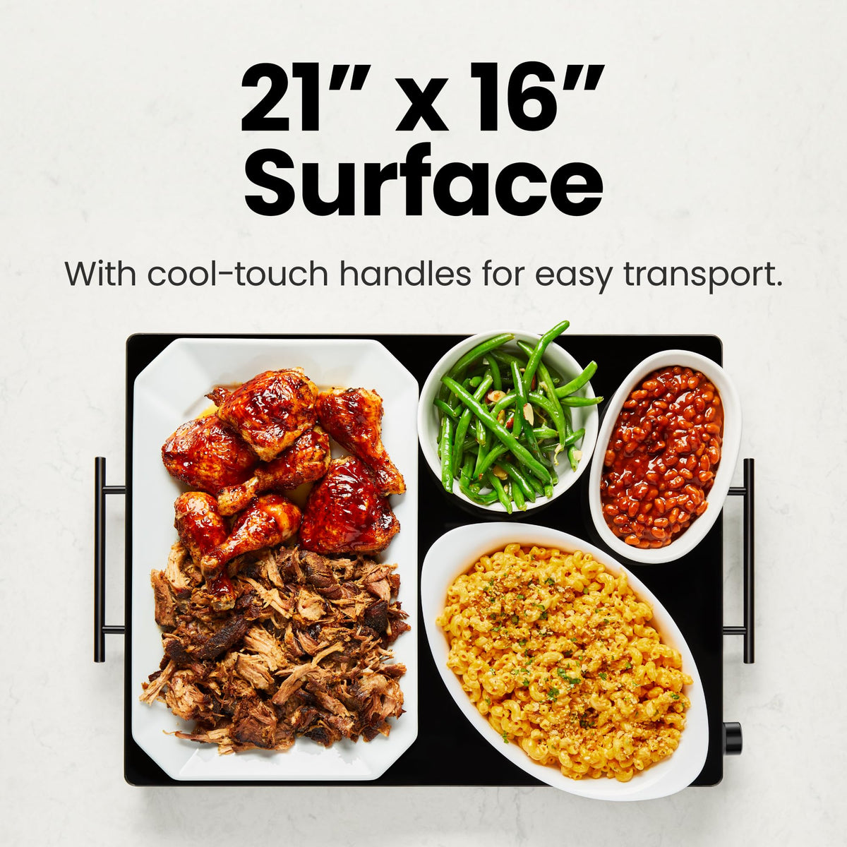 Chefman warming tray shown with multiple plates, ideal for family gatherings.