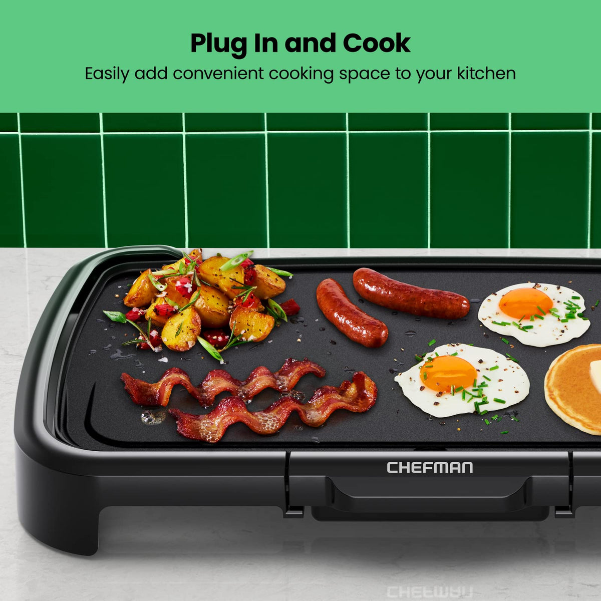 Chefman XL griddle with slide-out drip tray catching grease