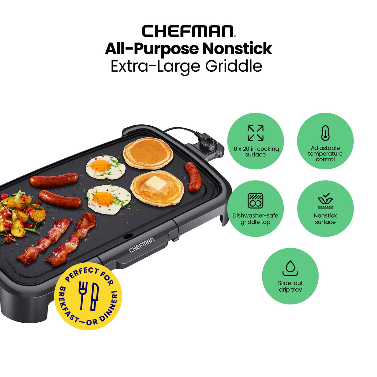 Chefman XL griddle temperature control dial set between 200 and 420°F