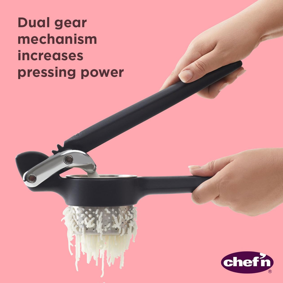 Chef'n ricer easy-clean design with removable basket for quick cleanup.