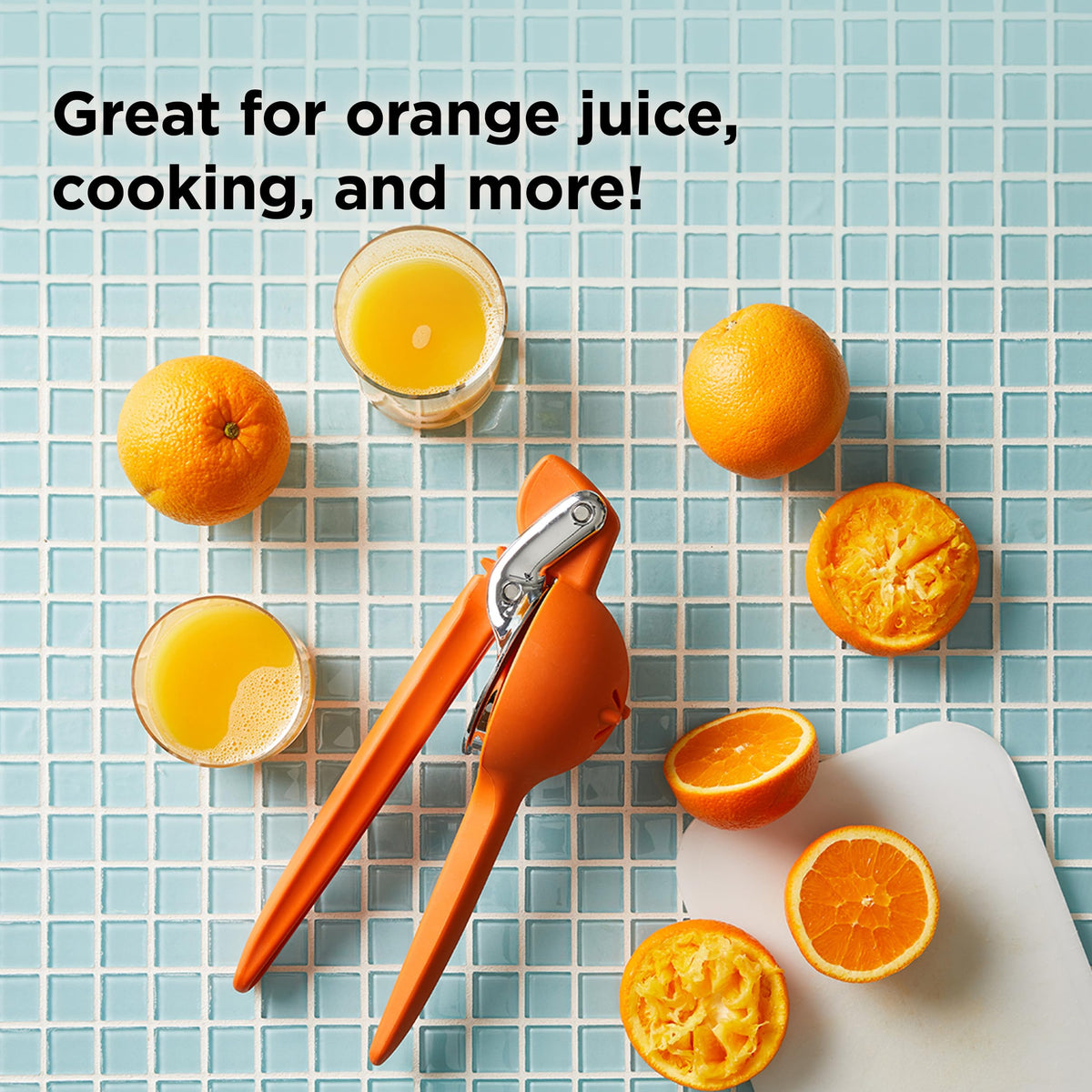 Ergonomic handles provide a comfortable grip during juicing.