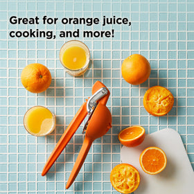 Ergonomic handles provide a comfortable grip during juicing.