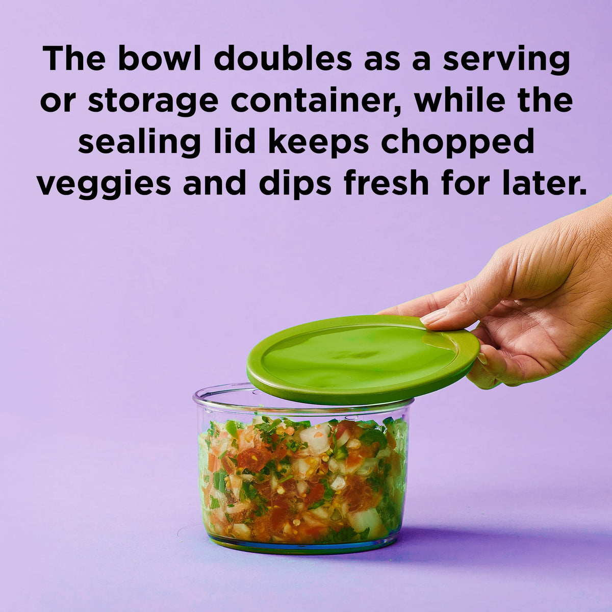Chef'n VeggiChop storage lid keeps ingredients fresh after chopping.