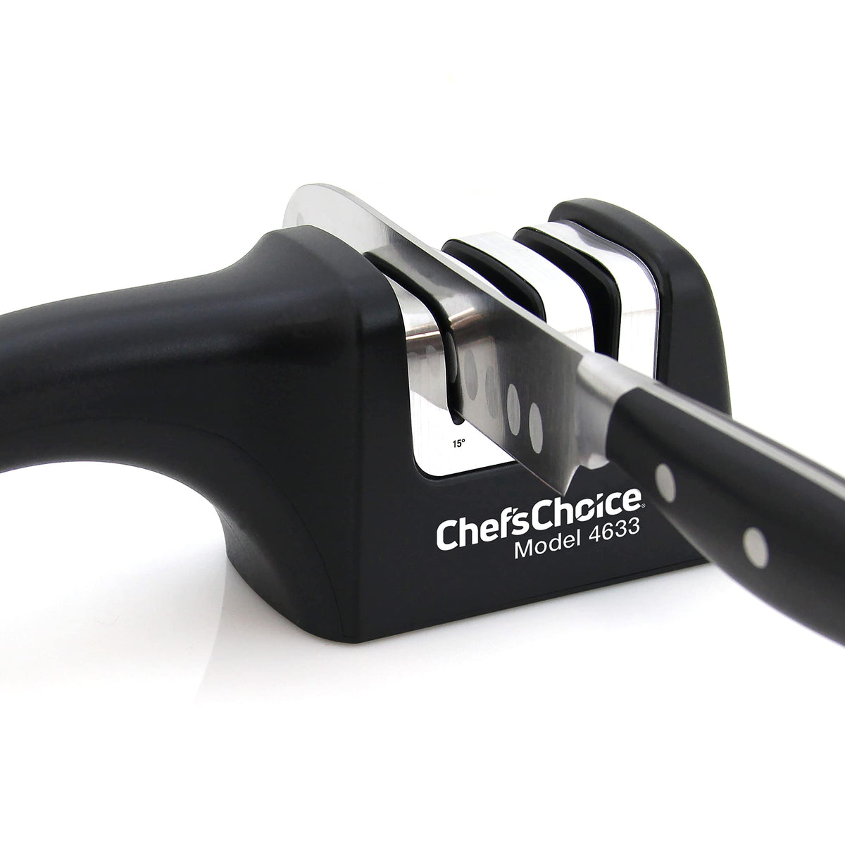 ChefsChoice AngleSelect stage 1 diamond abrasive at work refining the edge.