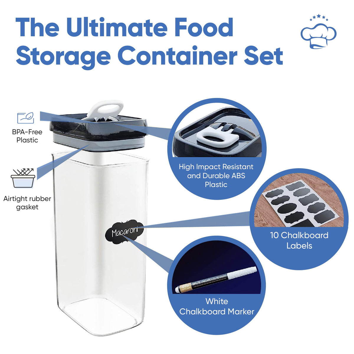 Chef's Path 3.2L capacity rectangular containers store dry goods like pasta.