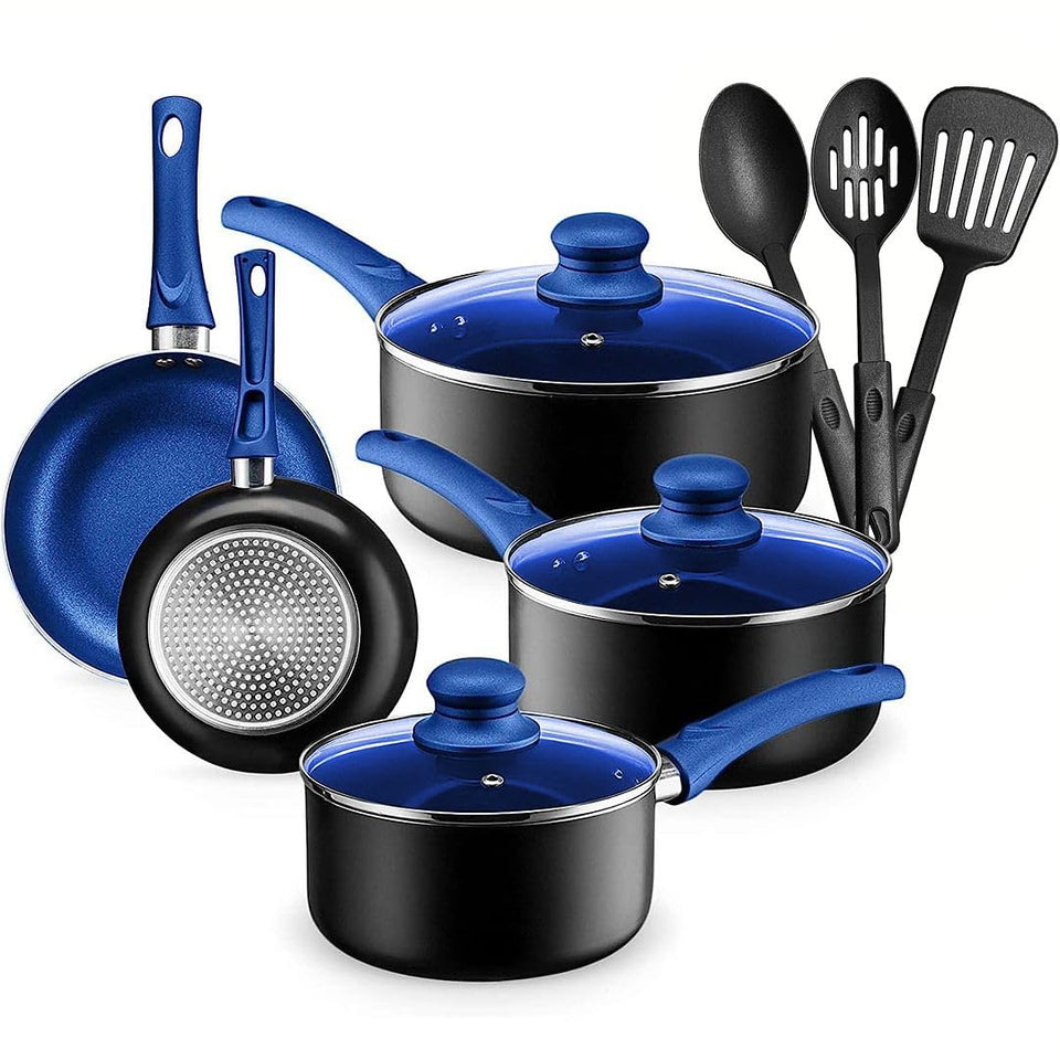 Chef's Star 11-piece pots and pans set on stove for versatile cooking.