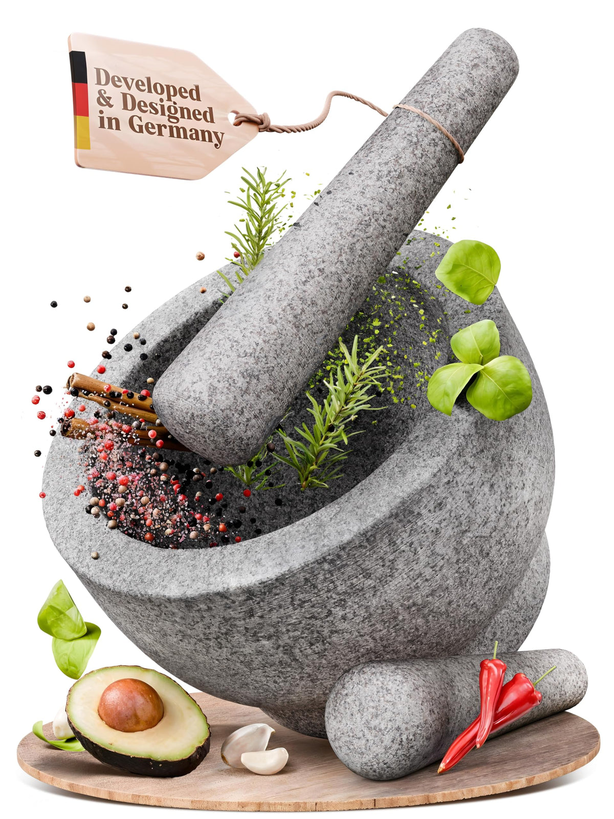 ChefSofi extra-large mortar bowl highlighting its 8-inch capacity for large-batch prep.