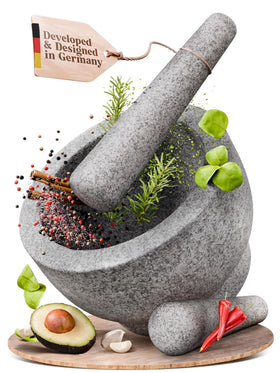 ChefSofi extra-large mortar bowl highlighting its 8-inch capacity for large-batch prep.