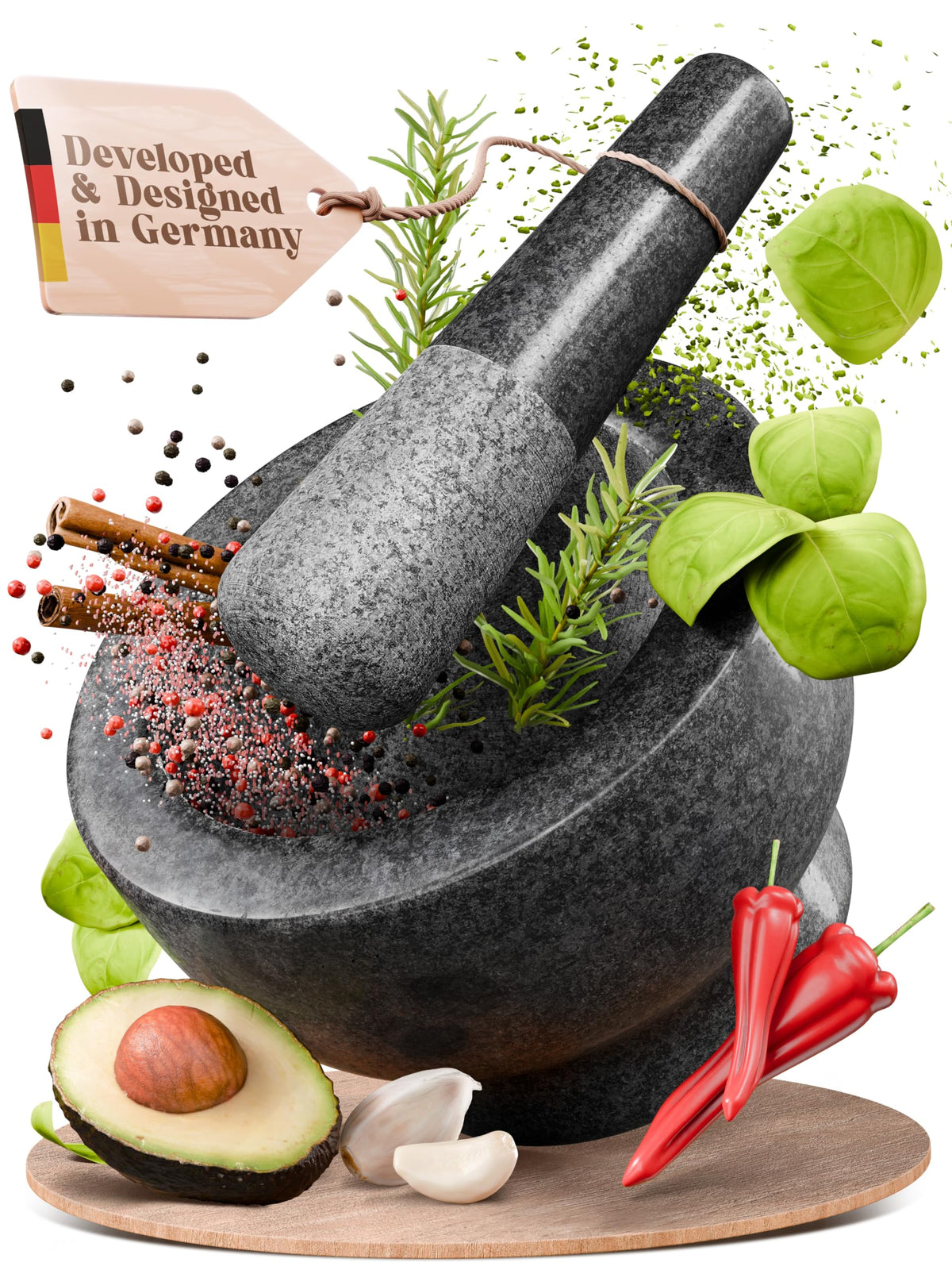 ChefSofi mortar and pestle with black polished exterior for flavor release.