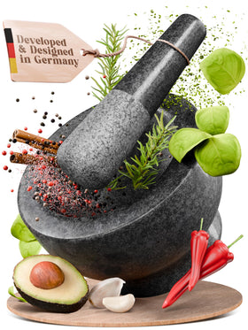 ChefSofi mortar and pestle with black polished exterior for flavor release.