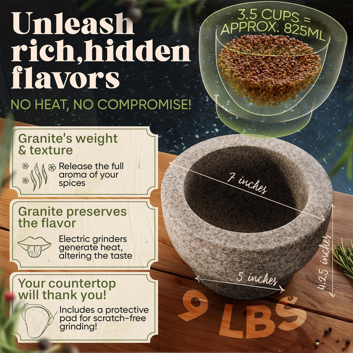 ChefSofi mortar-pestle close-up shows textured granite for robust grinding.