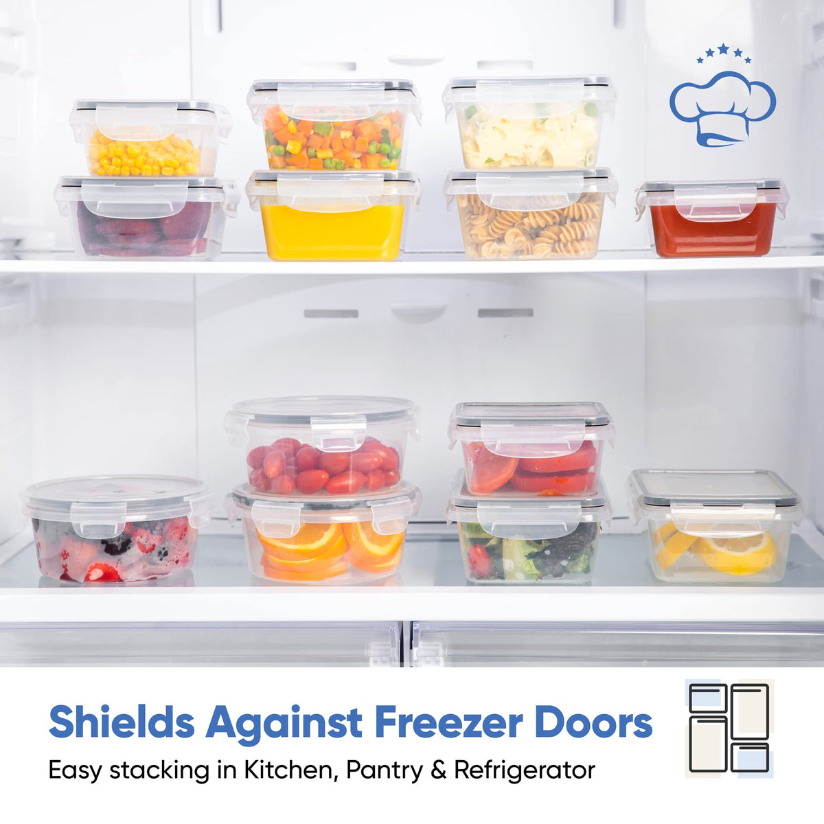 Chef's Path clear containers in fridge for easy visibility and freshness.