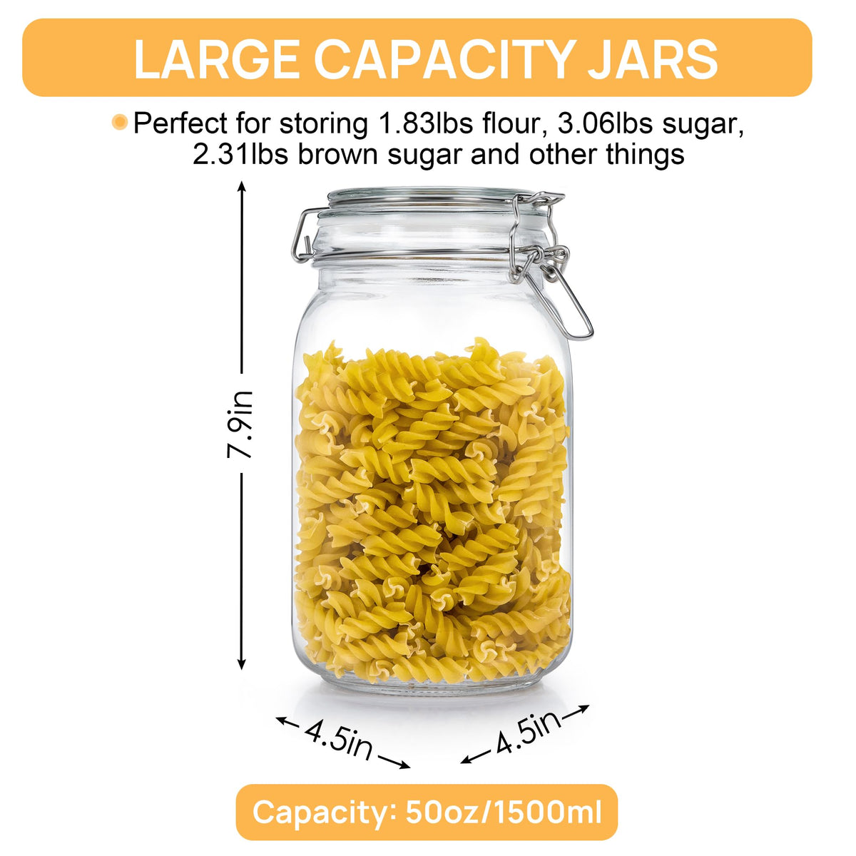 CHEFSTORY square glass jar with wide opening for easy filling and retrieval.