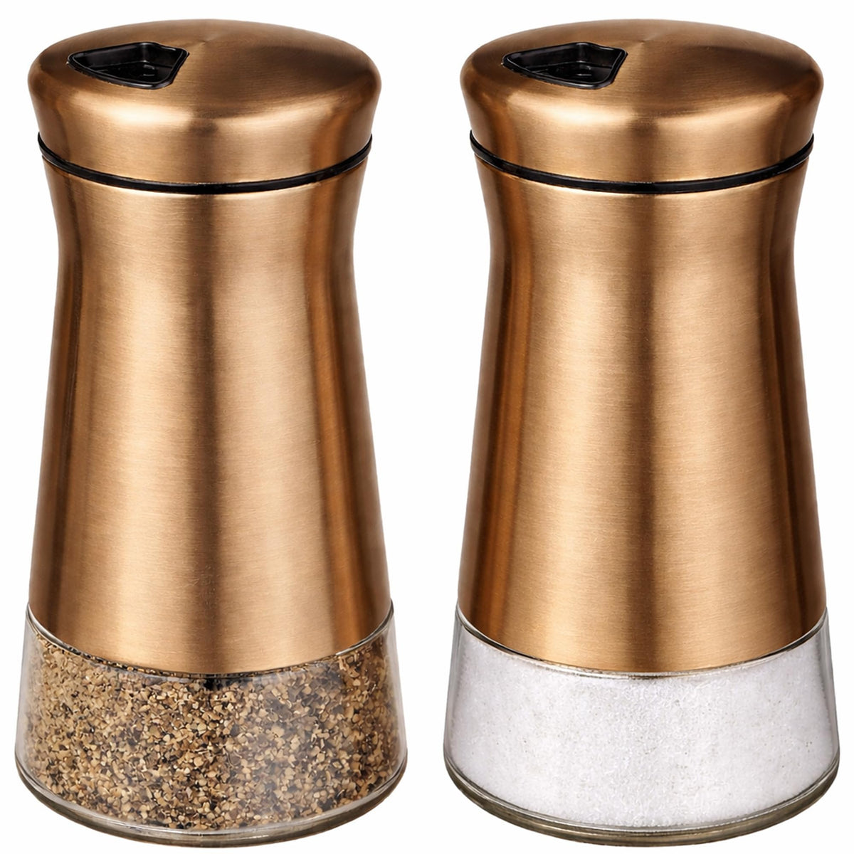 CHEFVANTAGE salt and pepper shaker bronze on kitchen counter for precise seasoning.