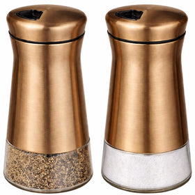 CHEFVANTAGE salt and pepper shaker bronze on kitchen counter for precise seasoning.